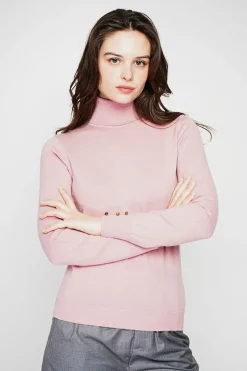 Pull col roulé classique rose poudre