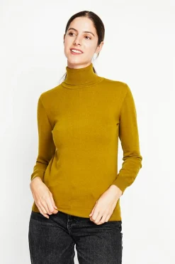 Pull col roulé classique vert olive