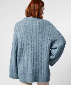 Pull Diane col montant à torsades bleu gris