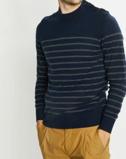 Pull en Cachemire & Laine Memarino rayé col rond bleu marine