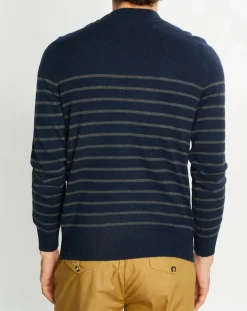 Pull en Cachemire & Laine Memarino rayé col rond bleu marine