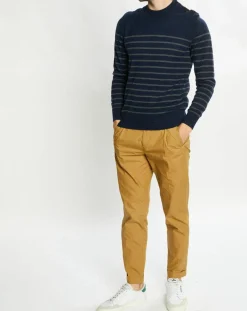 Pull en Cachemire & Laine Memarino rayé col rond bleu marine