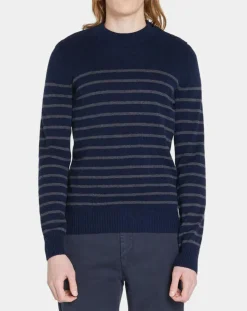 Pull en Cachemire & Laine Memarino rayé col rond bleu marine