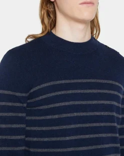 Pull en Cachemire & Laine Memarino rayé col rond bleu marine