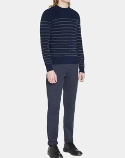 Pull en Cachemire & Laine Memarino rayé col rond bleu marine