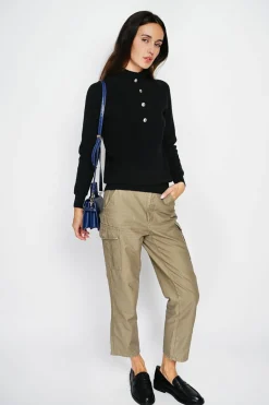 Pull en Cachemire & Soie mélangés col montant boutonné noir