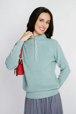 Pull en Cachemire & Soie mélangés col montant boutonné jade