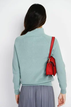 Pull en Cachemire & Soie mélangés col montant boutonné jade