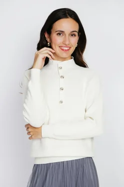 Pull en Cachemire & Soie mélangés col montant boutonné naturel