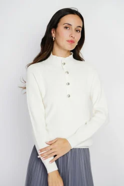 Pull en Cachemire & Soie mélangés col montant boutonné naturel