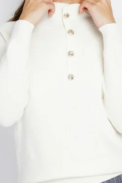 Pull en Cachemire & Soie mélangés col montant boutonné naturel