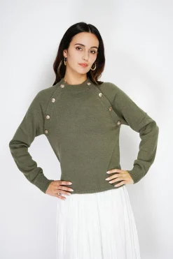 Pull en Cachemire mélangé boutons fantaisie kaki