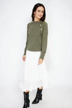 Pull en Cachemire mélangé boutons fantaisie kaki