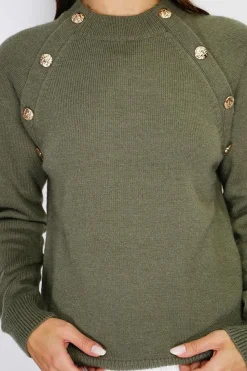 Pull en Cachemire mélangé boutons fantaisie kaki