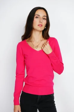 Pull en Cachemire mélangé col V fushia