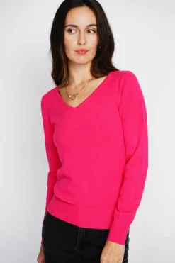 Pull en Cachemire mélangé col V fushia