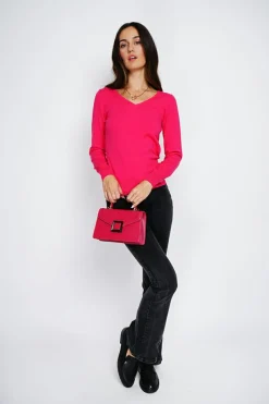 Pull en Cachemire mélangé col V fushia