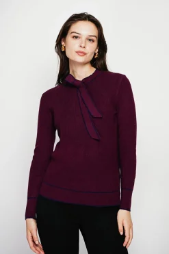 Pull en Cachemire mélangé col V à noeud bordeaux