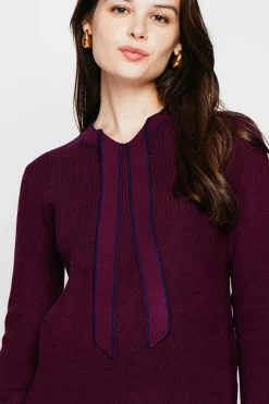 Pull en Cachemire mélangé col V à noeud bordeaux