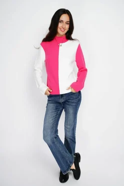 Pull en Cachemire mélangé col montant naturel/fushia