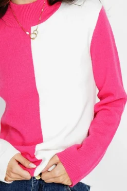 Pull en Cachemire mélangé col montant naturel/fushia