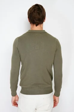 Pull en Cachemire mélangé col polo à boutons kaki