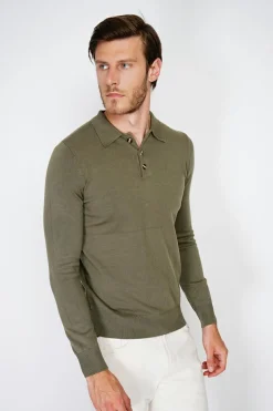 Pull en Cachemire mélangé col polo à boutons kaki