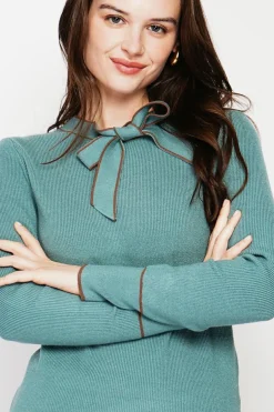 Pull en Cachemire mélangé col V à noeud turquoise