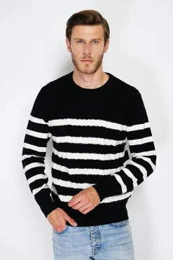 Pull en Cachemire mélangé ras du cou marinière noir