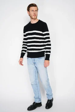 Pull en Cachemire mélangé ras du cou marinière noir