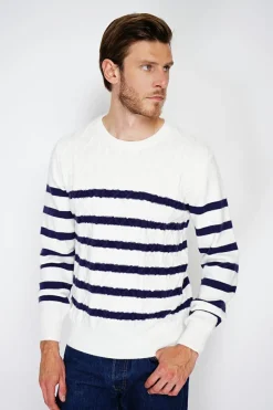 Pull en Cachemire mélangé ras du cou marinière naturel