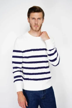 Pull en Cachemire mélangé ras du cou marinière naturel