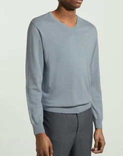 Pull en Coton & Soie col V bleu moyen chiné