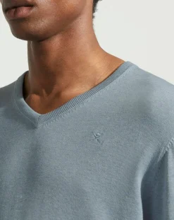 Pull en Coton & Soie col V bleu moyen chiné