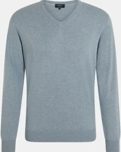 Pull en Coton & Soie col V bleu moyen chiné