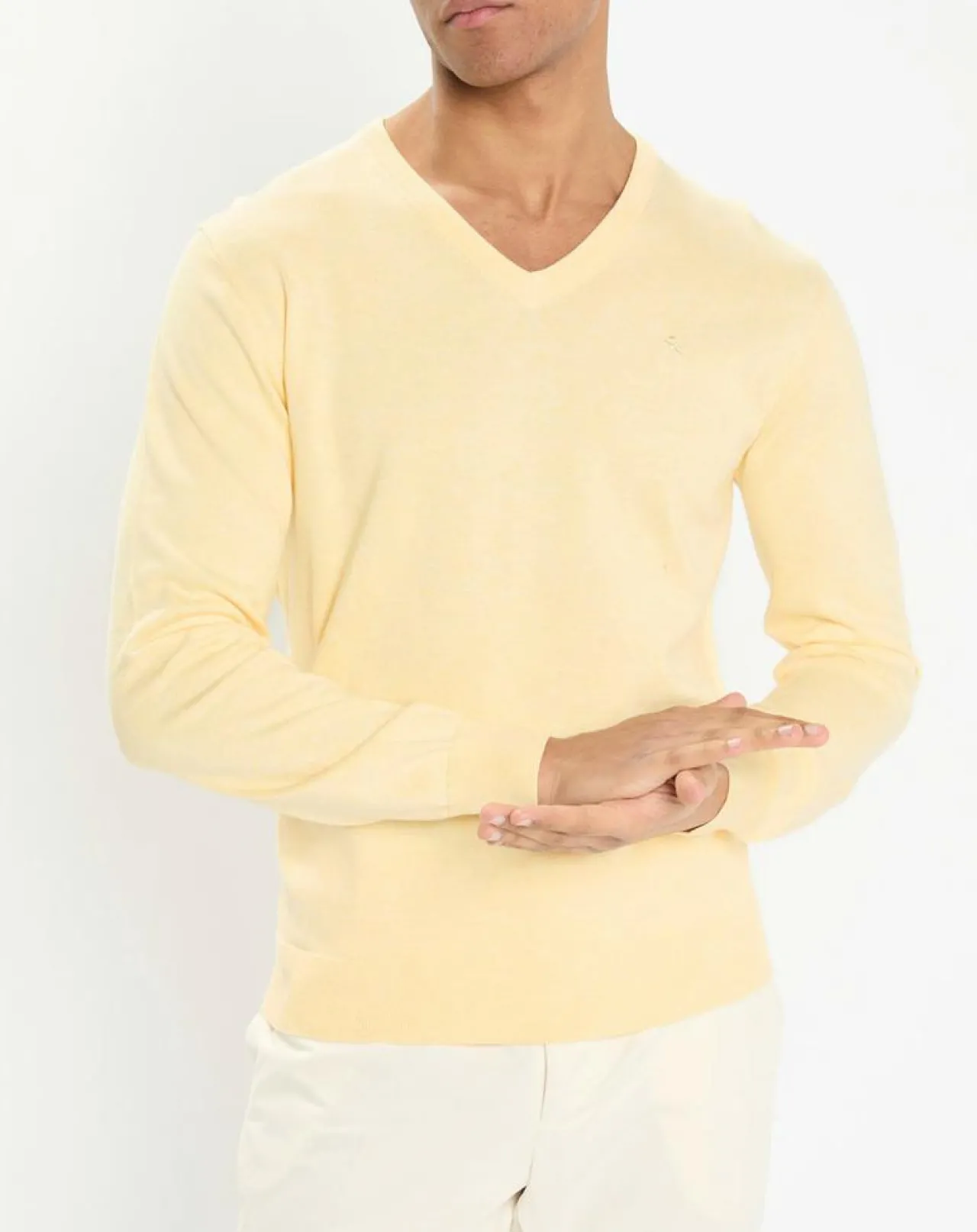Pull en Coton & Soie col V jaune chiné