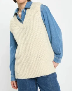 Pull en Coton, Laine & Alpaga mélangés sans manches écru