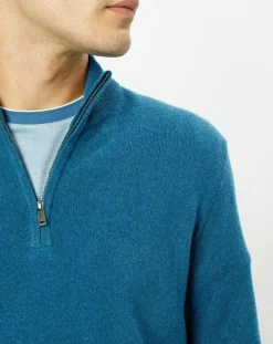 Pull en Laine & Cachemire mélangés 1/2 zip bleu clair