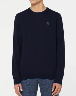 Pull en Laine & Cachemire mélangés col rond bleu marine