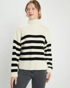 Pull en Laine & Cachemire Sydney rayure écru/noir