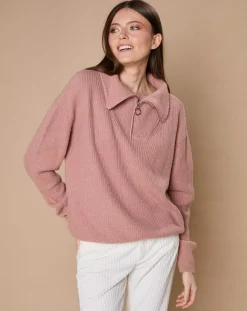 Pull en Laine & Cachemire mélangés Maia 1/2 zip vieux rose