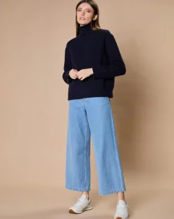 Pull en Laine & Cachemire Ambre col montant 4 côtes bleu marine