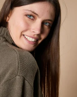 Pull en Laine & Cachemire Ambre col montant 4 côtes kaki