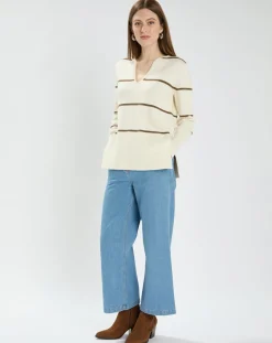 Pull en Laine & Coton Nolyn rayures écru/kaki