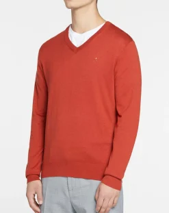 Pull en Laine mélangée col V coudières orange/rouge