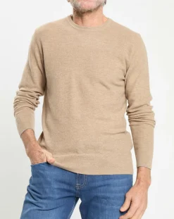 Pull en Laine, Soie & Cachemire col rond texturé beige