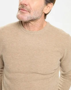Pull en Laine, Soie & Cachemire col rond texturé beige