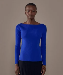 Pull Ezia, col bateau côtelé bleu outremer