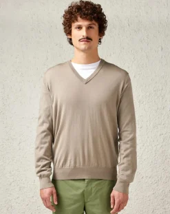 Pull fin 100% Laine mérinos Dilyu col V taupe clair