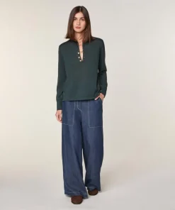 Pull Freyja 100% Laine chaine col V vert de gris